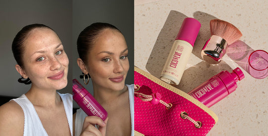 Images of Before and After applying Coco & Eve Antioxidant Face Tanning Micromist and Coco & Eve Tan Master Set