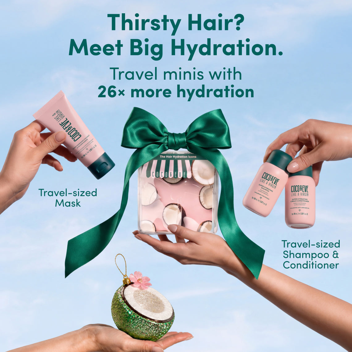 A promotional collage for a hair hydration travel set on a light blue sky background. Text reads, 'Thirsty Hair? Meet Big Hydration.