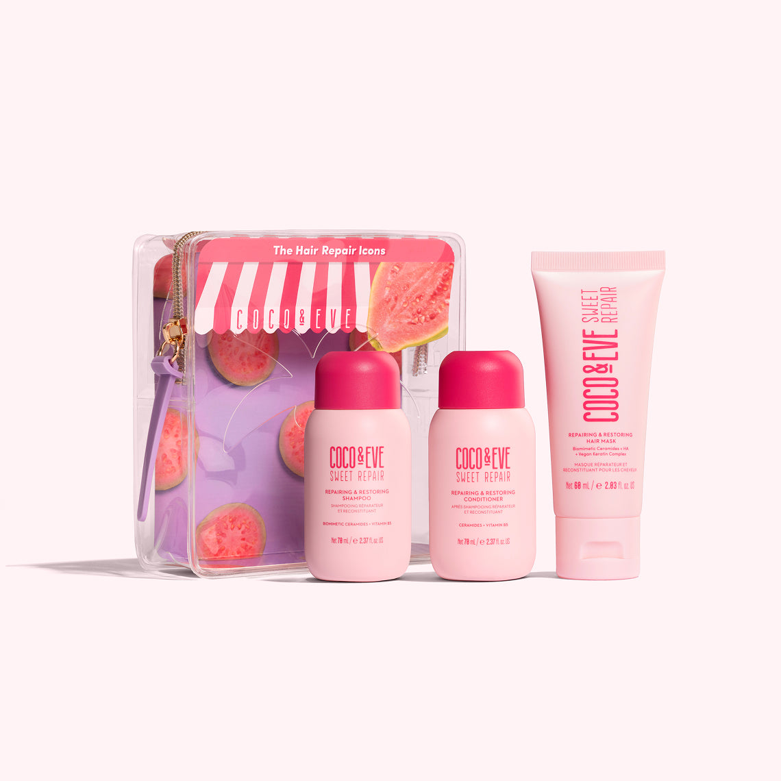 A three-piece COCO+ EVE body care set featuring a Sweet Refresh body wash, Deep Cleansing body wash, and a Sweet Refresh moisturizing lotion tube, displayed next to a clear zippered pouch decorated with watermelon illustrations.