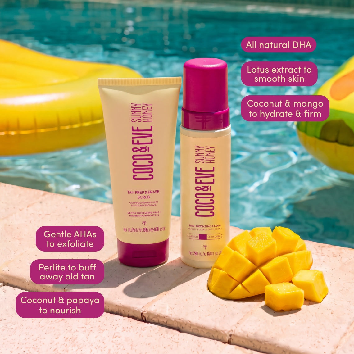 Two skincare products from Sunny Honey are displayed on a poolside deck with tropical props. The products are a Tan & Sun Block Scrub in a beige squeeze tube with a magenta cap, and a Balancing Cream in a matching beige bottle with a magenta cap.